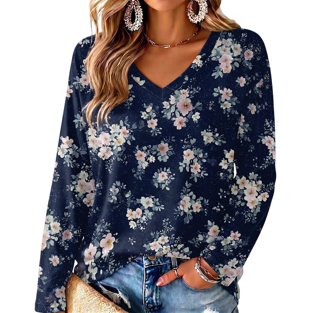 Women's V-Neck Long Sleeve Print Blouse Lightweight for Spring Summer