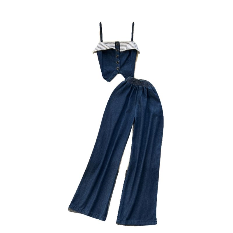 Chic Hong Kong Style Retro Denim Suit Female Stylish Striped Camisole Fashionable All-Match Wide Leg Pants Two-piece Set