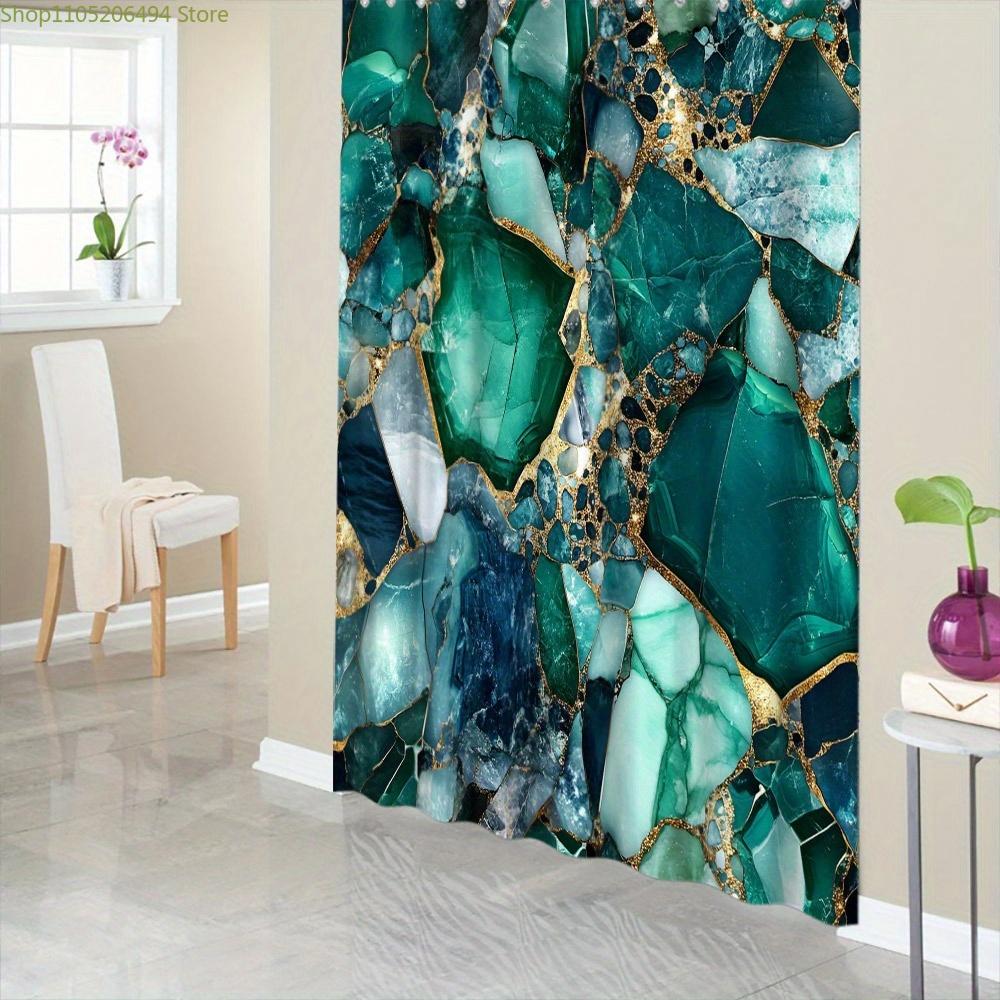 1pc Luxe Green and Teal Gemstone Shower Curtain - Abstract Emerald & Aquamarine Mosaic Design with Golden Cracked Background,