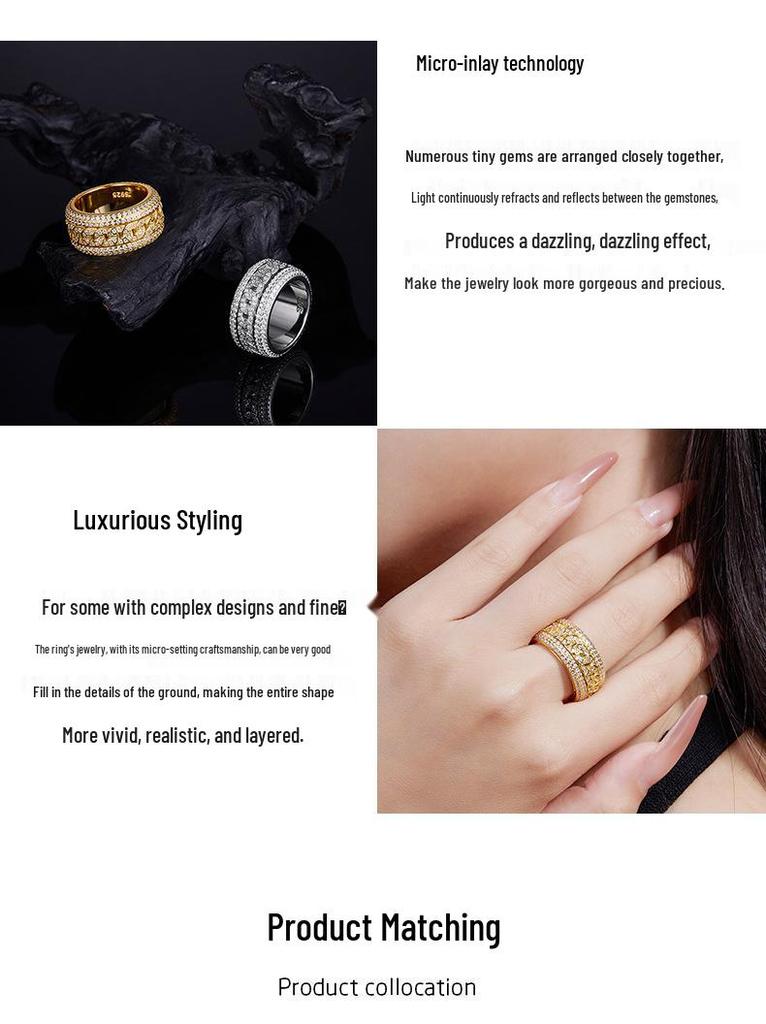 European Hip Hop Sterling Silver Men's Moissanite Rotatable Ring, Gold-Plated Trendsetter Fashion.