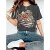Floral Books Women's Tee - Boho Graphic, Casual Dark Gray Top
