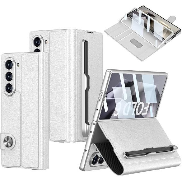 Miimall for Fold 6 Case with S Pen Slot & Card Slot, Kickstand Magnetic Closure Leather Anti-Drop Comfortable Grip Wallet Full Body Protective Case серебряный