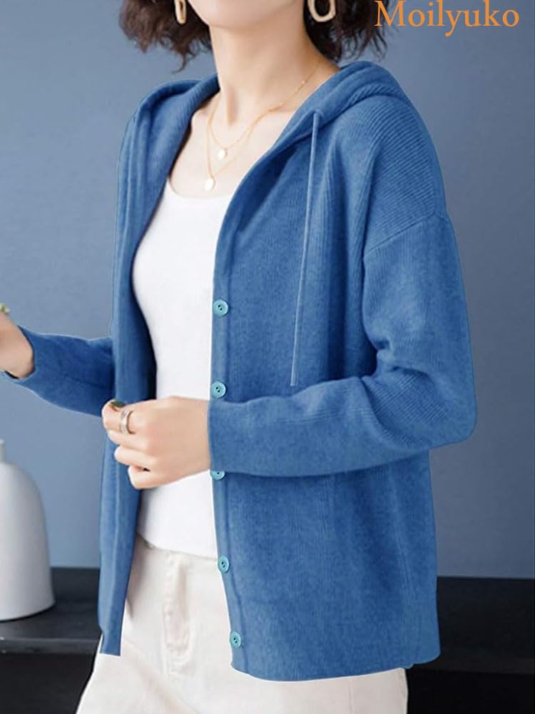 Moilyuko Hooded Long Top for and Mo72 Free Women's Cardigan, Sleeve, Figure-Flattering Spring, Autumn, Winter, (JP, Alphabet, Size, Blue)