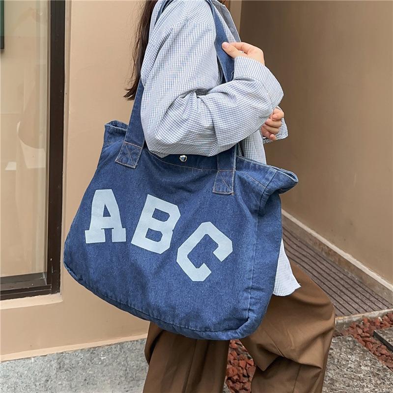 Large Capacity Denim Bag Female Letter Tote Bag Student Shoulder Bag