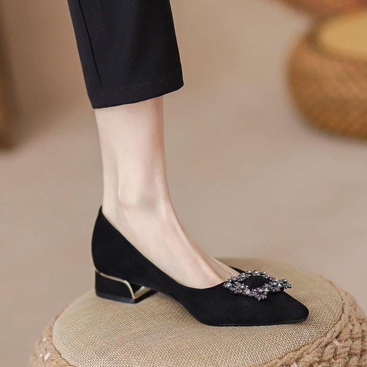 shallow mouth pointed work shoes soft sole black high heels spring 2025 new rhinestone thick heel single shoes women's middle heel