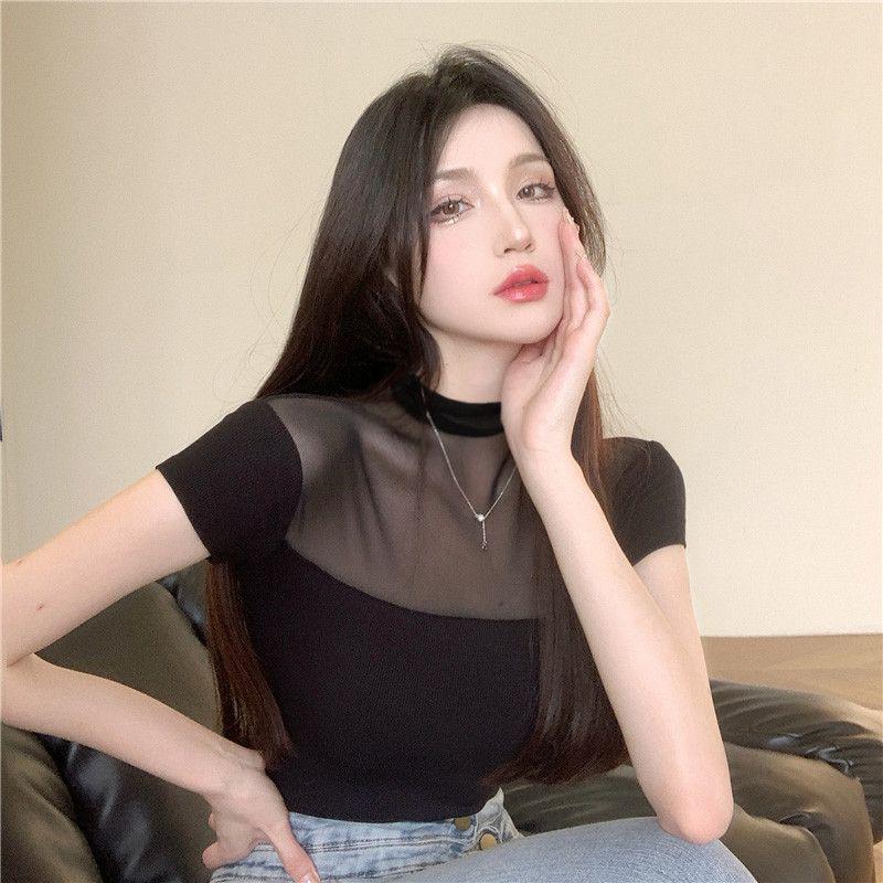 Spicy Girl Summer Mesh Splicing Slim Fit T-Shirt