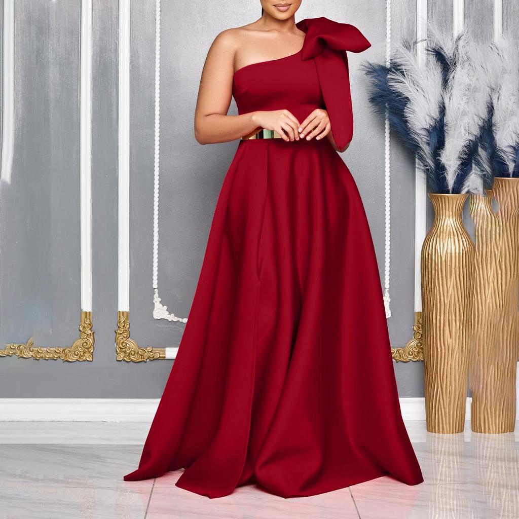 C8613 Elegant European and American Summer One-Shoulder Bow Long Evening Dress
