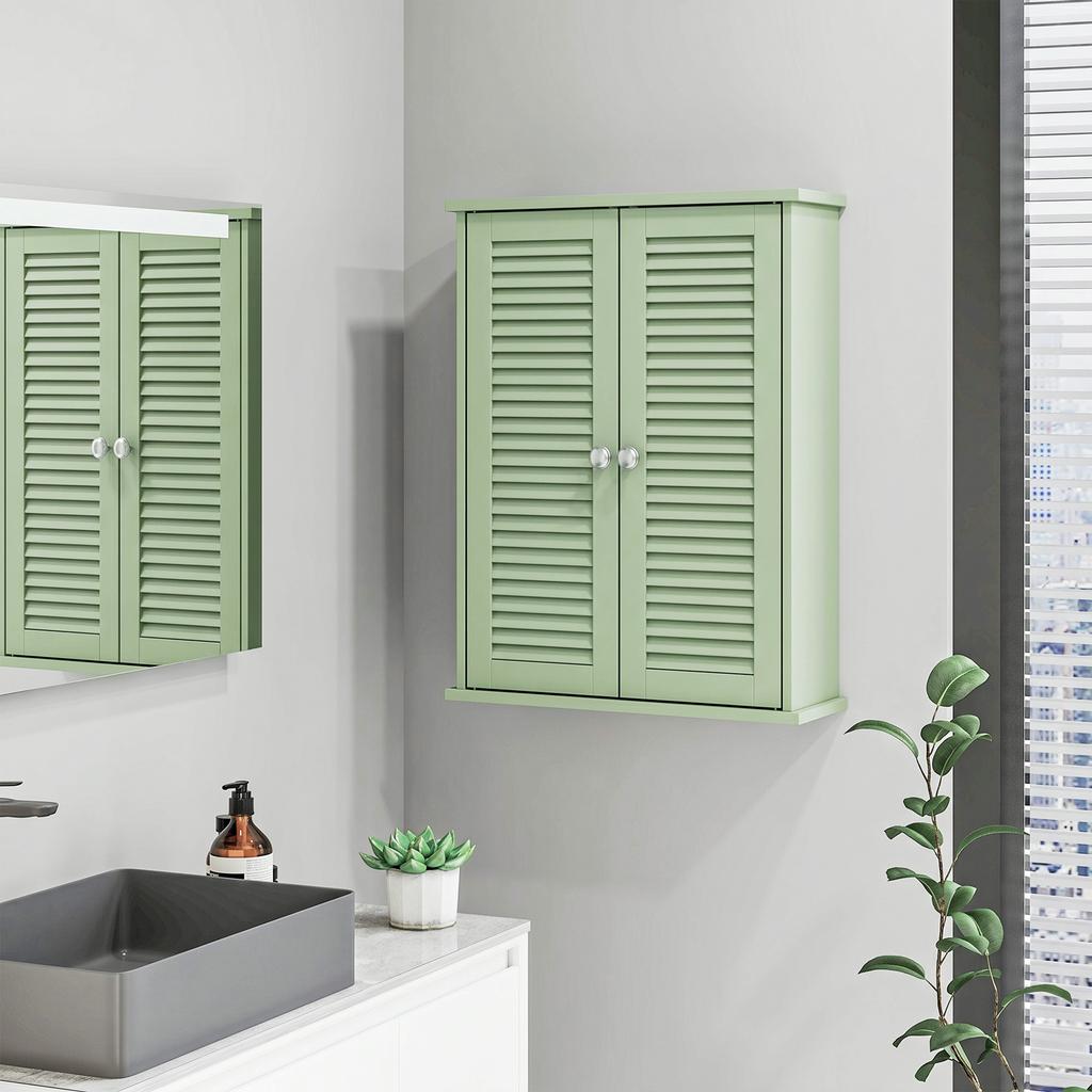Bathroom Wall Cabinet, Hanging Storage Unit, 2 Louvered Doors, Adjustable Shelf, Green