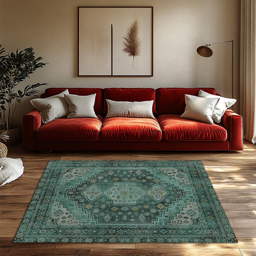 Green Floral Bohemian Area Rug, Intricate Pattern Non-Slip Carpet, Natural Living Room Mat for Cozy Home Decor