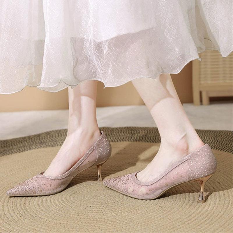 Breathable Mesh High Heels Women's 2025 Summer New High-end Cheongsam One-pedal French Temperament Beautiful Sandals