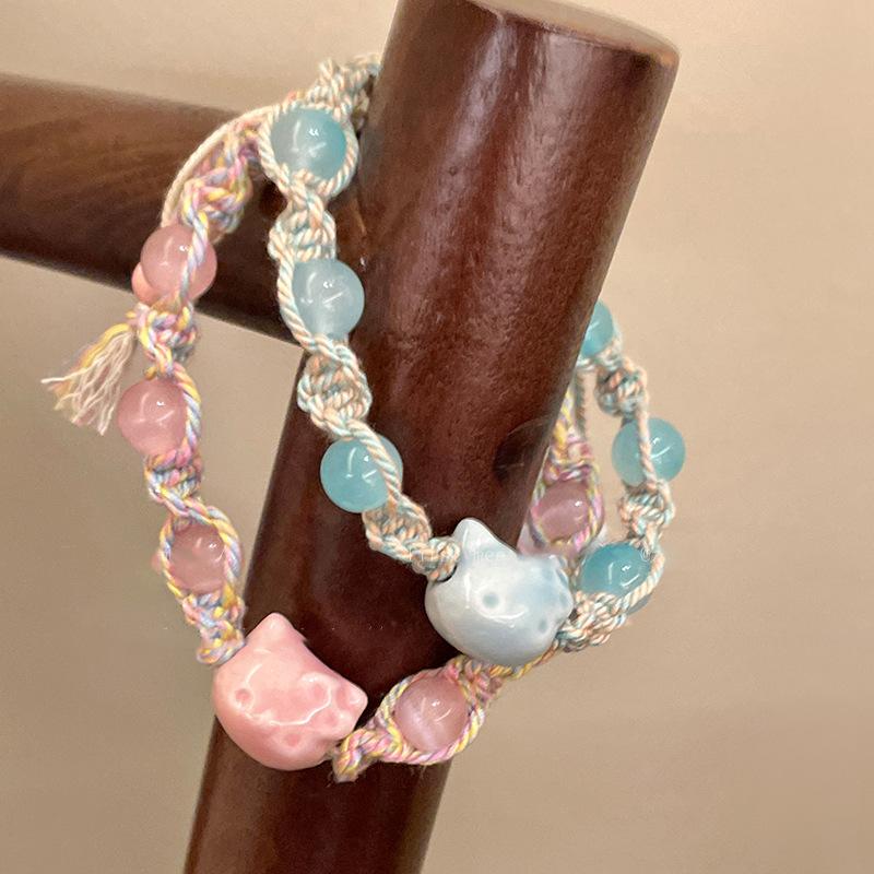 Farbiges Seil handgewebtes Keramikarmband schlichtes und niedliches KT-Katzen-Design Armband Mode süßer College-Stil Schmuck Frauen