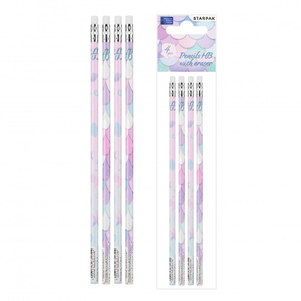 HB Pencil with Eraser. Mermaids. 4 Pieces