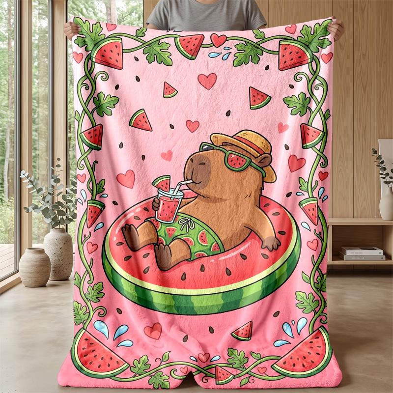 Watermelon Love Capybara Theme Blanket Lightweight Warm Flannel Blanket Decorative Throw Blanket for Home Decoration