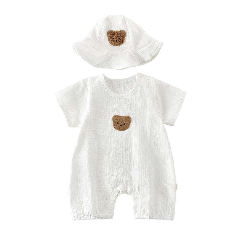 2025 Baby Strampler: Sommer Gaze Strampler mit kurzen Ärmeln und kleinem Bären - Atmungsaktive, dünne Oberbekleidung für Säuglinge und Kleinkinder.