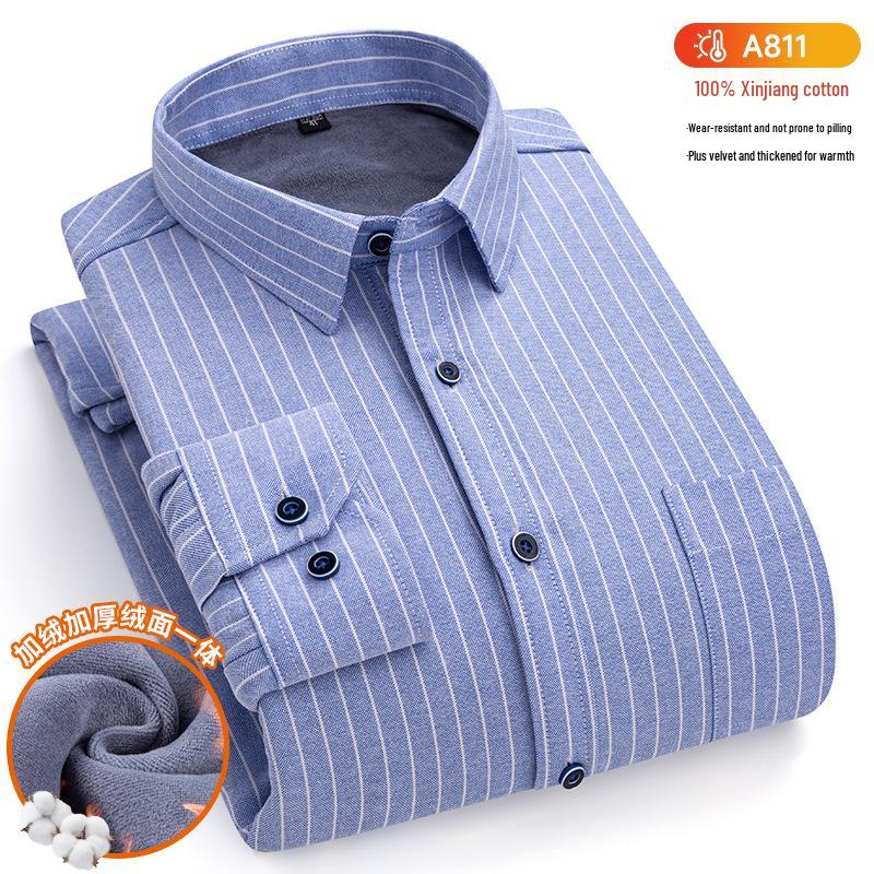 New Plus Size Velvet-Lined Men's Pure Cotton Plaid Shirt - Warm, Thickened for Autumn/Winter Cold Protection