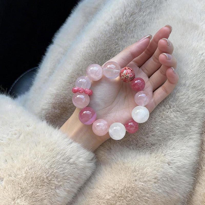 Natural Powder Crystal Rose Pyroxene Bracelet, White Crystal Snowflake Ghost Original Bead Bracelet, Peach Blossom Crystal Charm