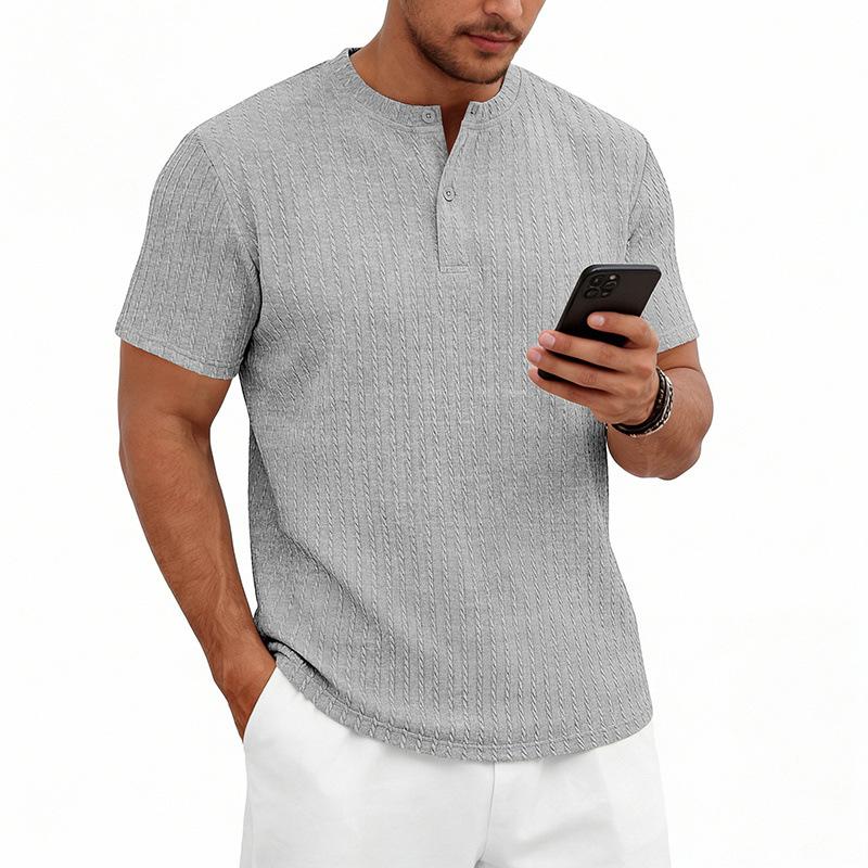 Mens American Retro Texture Elastic Loose Casual Short Sleeve Henley T Shirt