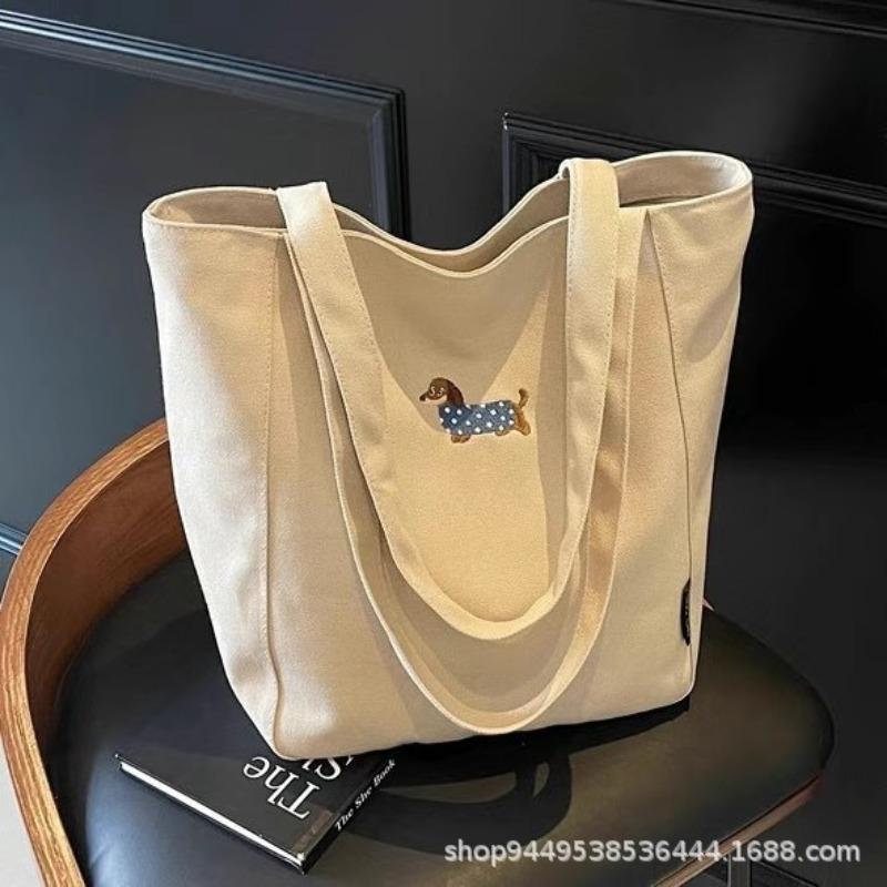 

Embroidered Dachshund Canvas Bag Female Large Capacity Student Class Tote Bag Casual Versatile Shoulder Commuter Tote Bag