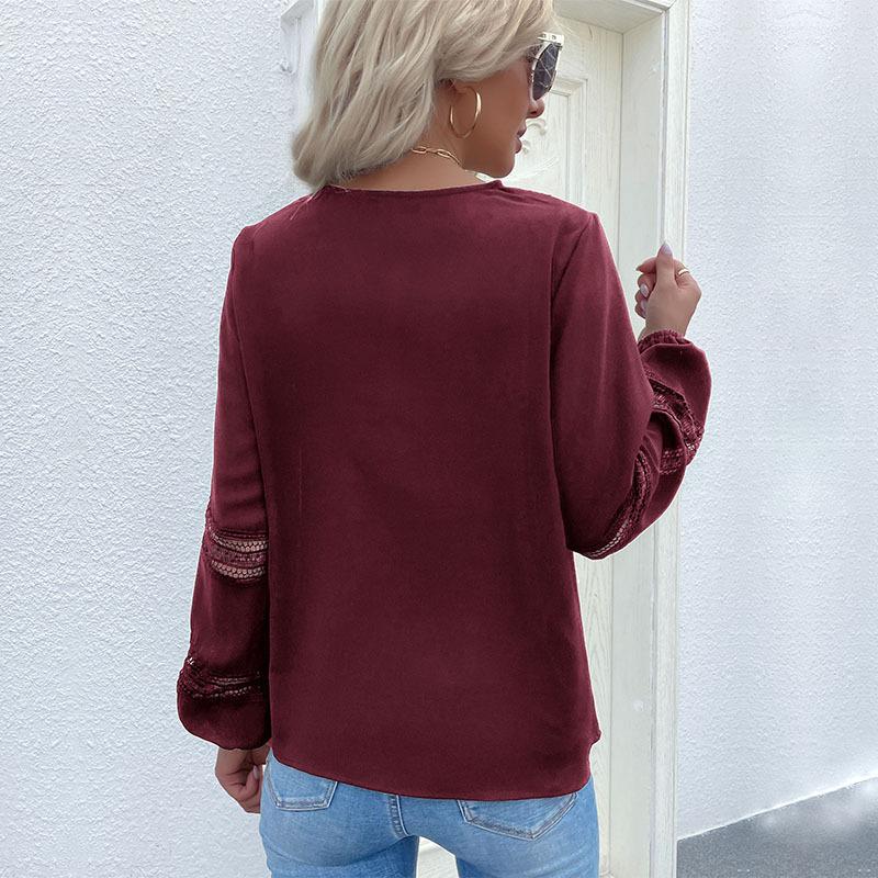 Women's Navy Blue V-Neck Blouse with Lace Trim Casual Long Sleeve Off-Shoulder Top