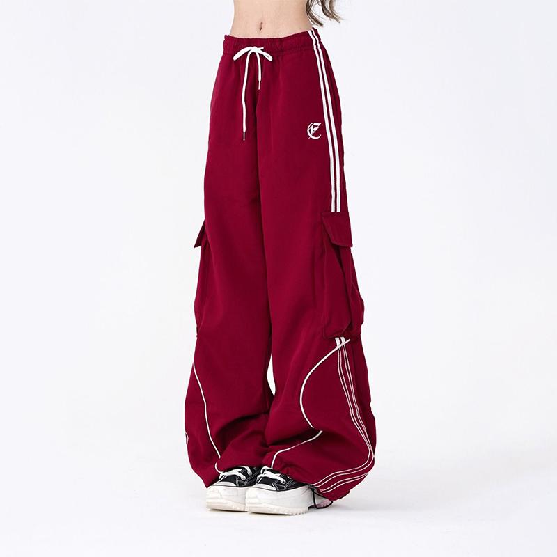 American Vintage Hip Hop High Street Loose Cargo Pants Women Stripe Elastic High Waist Drawstring Pocket Sports Straight Trouser