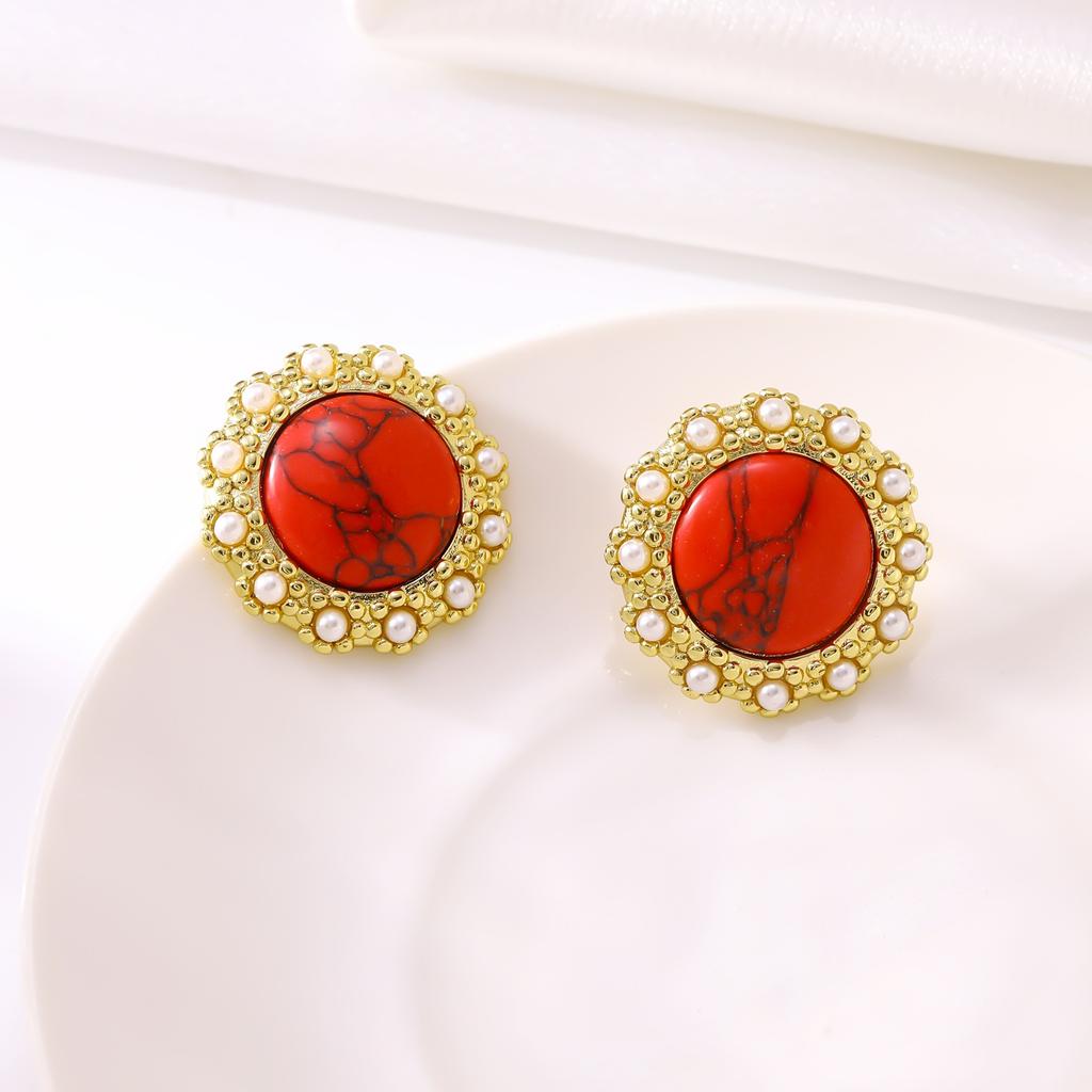 Huibao Vintage Round Stud Earrings for Women Stainless Steel Gold Plated Turquoise Stone Imitation Pearl Beaded Earrings