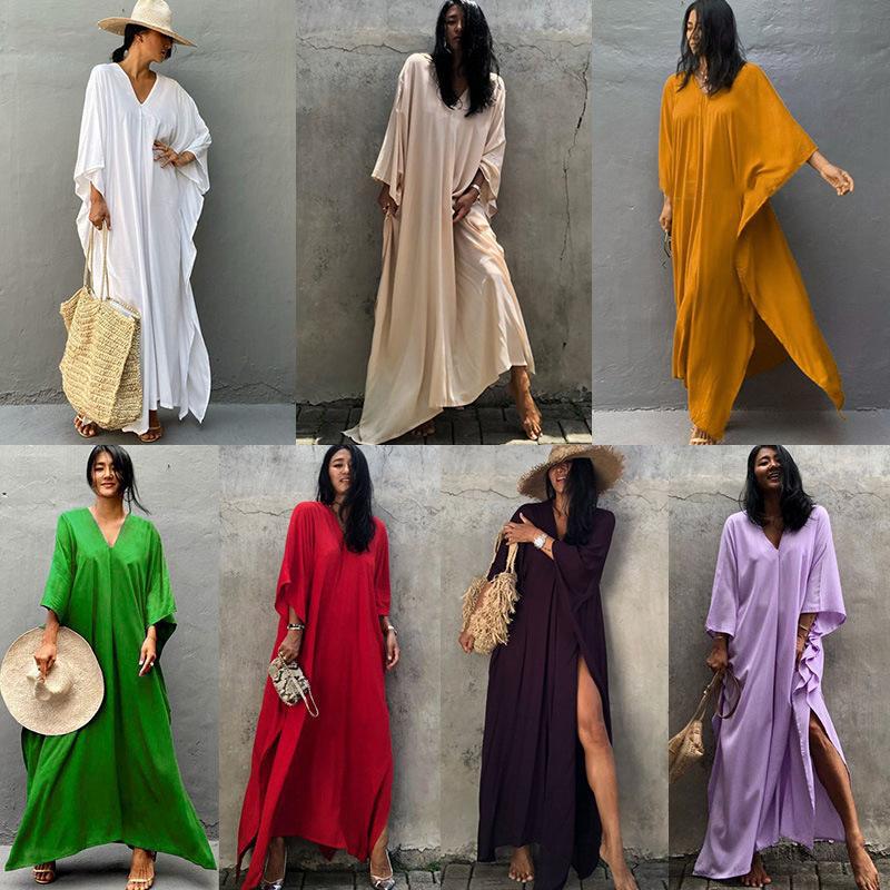 Women's Cotton Solid Color Blouse & Long Skirt Set for Seaside Holidays