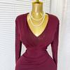 European and American spring and autumn new V-neck elastic mesh slim-fitting sexy solid color dress medium and long dress