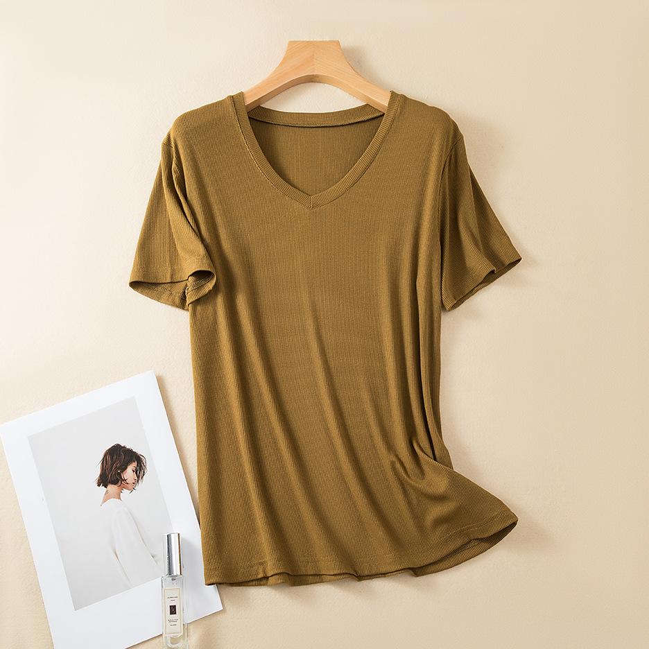 Rib Cotton V Neck T-shirt Short Sleeves Summer Women's Casual T-shirts Loose Tee Tops Solid Color Basic TShirt Tees