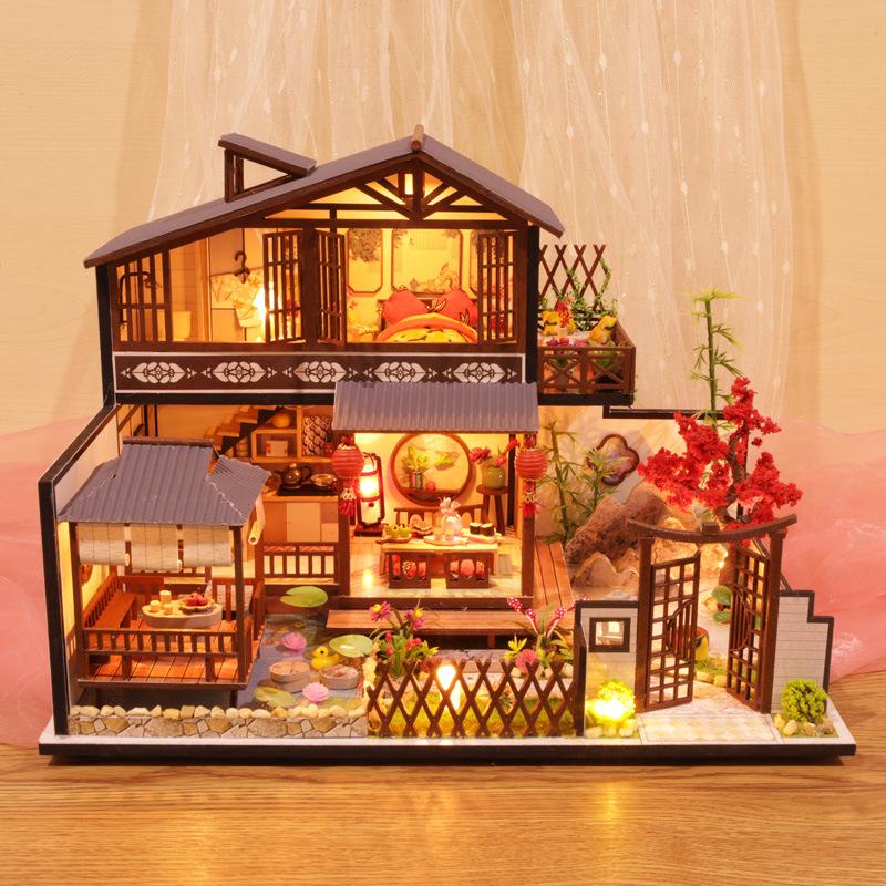 DIY Wooden Dollhouse Town Architecture Doll Houses Miniatures with Furniture Toy Children Birthday Gift
