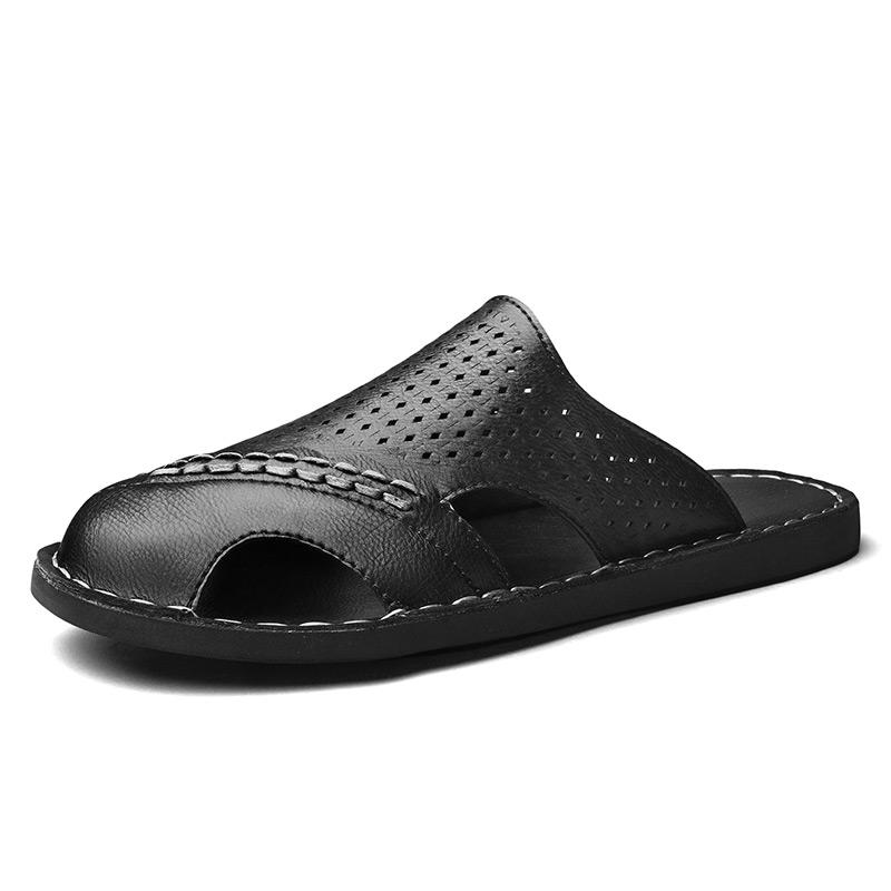 

New Fashi Mens Leather Flip Flops Beach Sandals N Slip Quick Dry Slippers Comfortable Half Drag Casual Outdoor Slides 38 чёрный