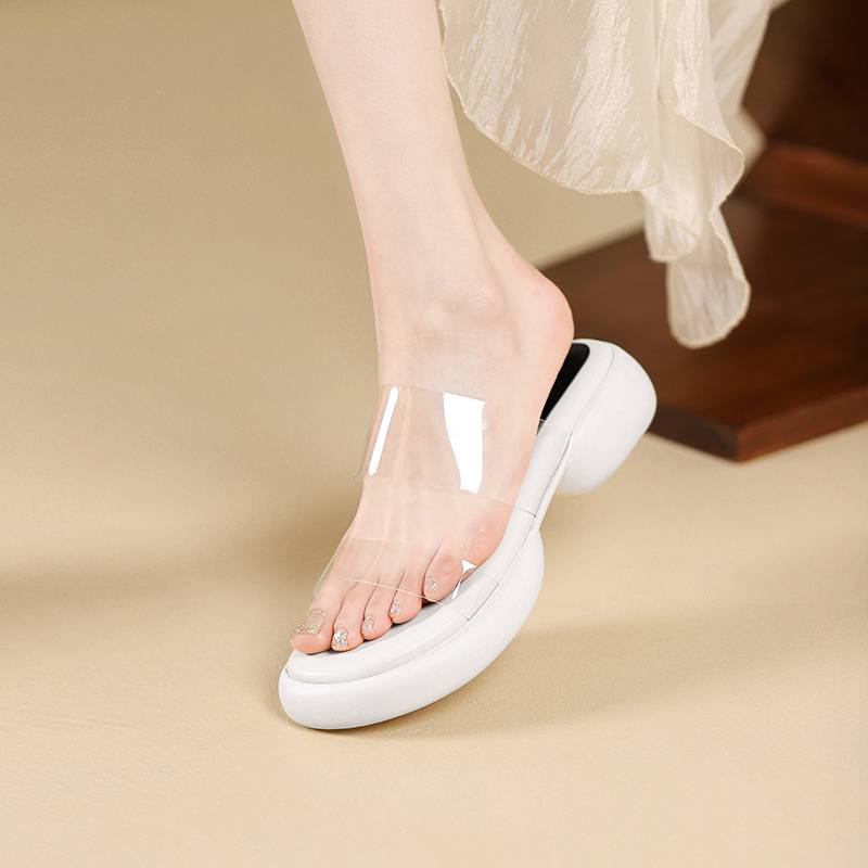 Krazing Pot Mules Natural Leather PVC Peep Toe Thick Heels Summer Shoes Size 42 Platform Women Sandals