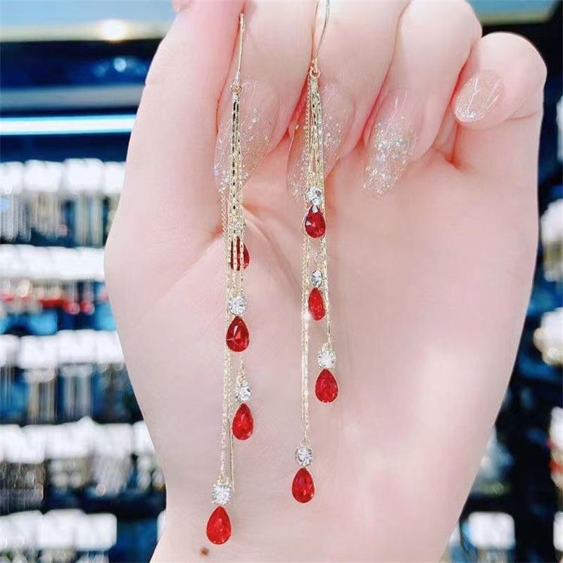 Luxury Temperament Green Zircon Drop Earrings For Women Korean Fashion Long Tassel Rhinestone Earring Wedding Party Jewelry