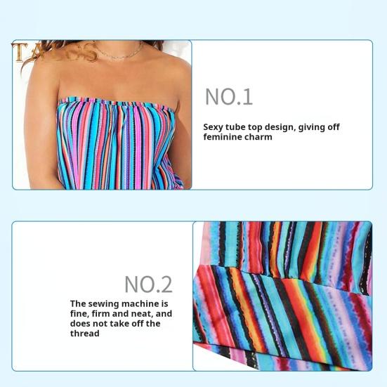 2Pcs/Set Women Swimsuit Set Bandeau Sleeveless Striped Print Swimming Tops High Waist Swimming Trunks Set Beachwear