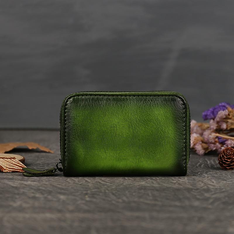 

Leather Zipper, Small Card Header Layer, Cowhide Mini Card Clip, Multiple Card Slots, Solid Color, Retro Soft Face Wallet зелёный
