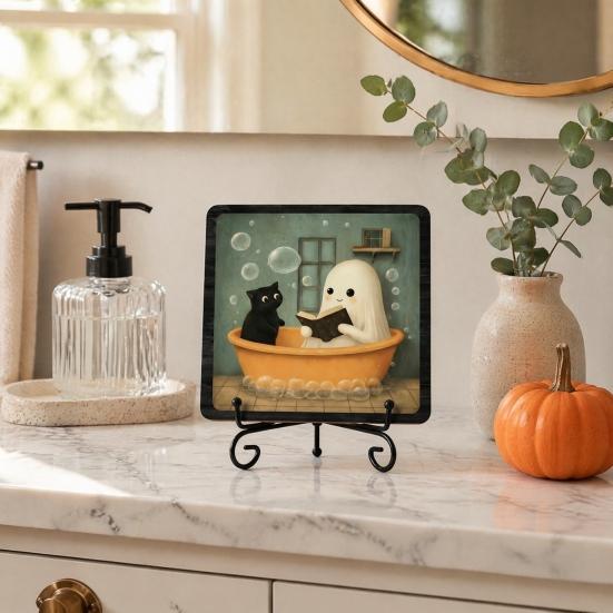 Spooky Bathroom Sink Ornament Halloween Wooden Sign with Metal Stand, Ghost Table Festive Counter Decor Centerpiece for Home Office Tabletop