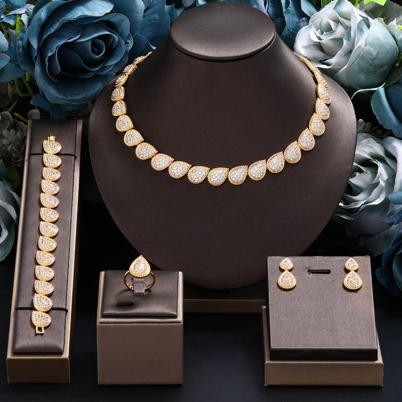 Stylish and Simple Zircon Necklace Earrings Set Copper Plated Party Banquet Popular Accessories Women