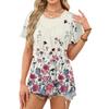Women's Casual Fashion Round Neck Floral Printed Pleated Short Sleeve T,shirt Top