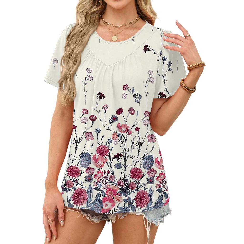 Women's Casual Fashion Round Neck Floral Printed Pleated Short Sleeve T,shirt Top