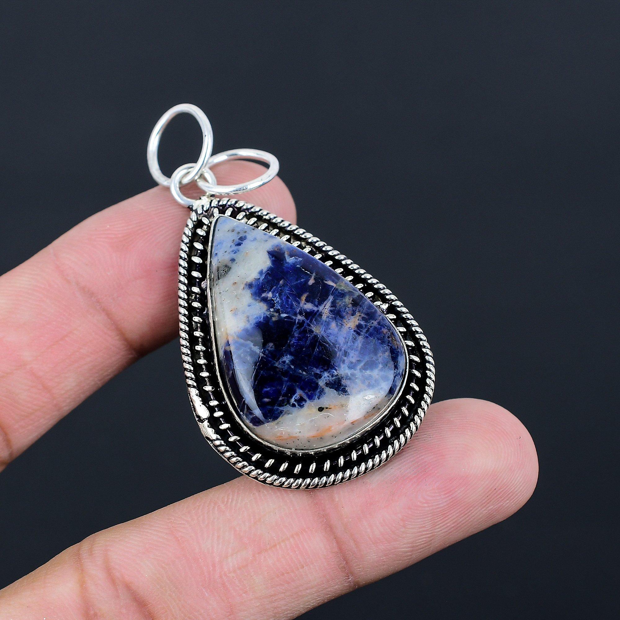 Sodalite Stone 925 Sterling Silver Third Eye Chakra Wife Bezel Pendant Jewelry
