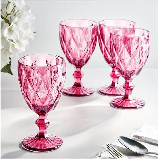 Vintage Wine Glasses Set of 4, Plastic Reusable 12 Ounce Colored Water Goblets, Unique Embossed Pattern Unbreakable Stemmed Wine Glasses, High Clear