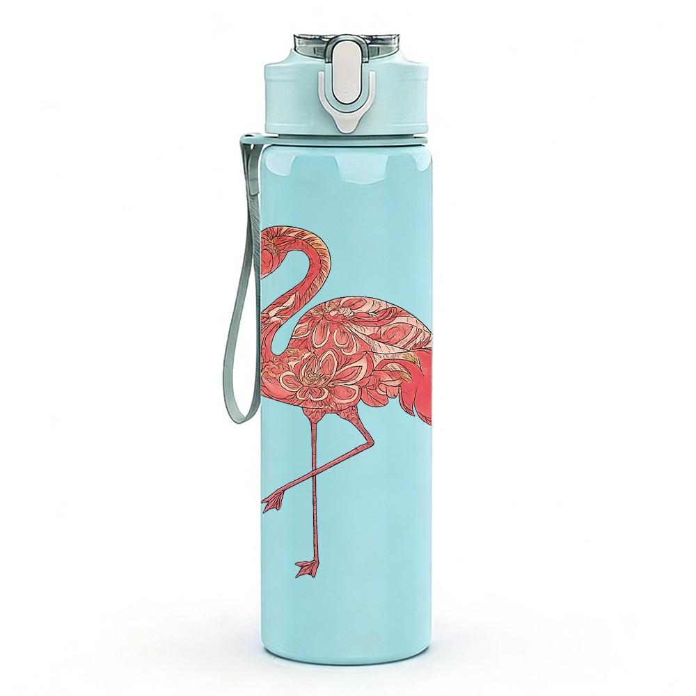 1PC Retro Pink Flamingo Illustration 750ml Color Plastic Sports Water Bottle Leakproof Flip Straw Lid Suitable for Sports Office Home Use