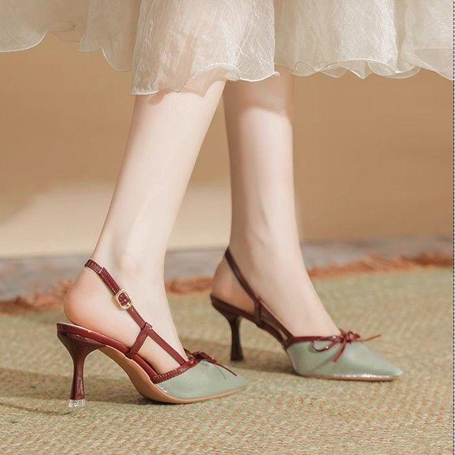 Popular bow pointed head thin heel high heel single shoes with bag head sandals sexy super fairy high heels