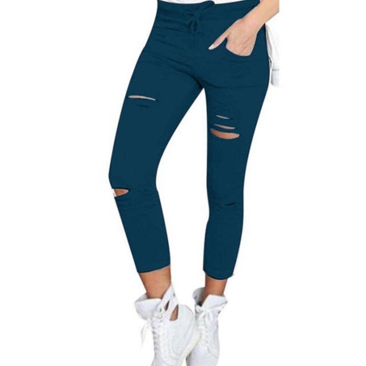 

High Waisted Cargo Pants Women Slim Stretchy Skinny Pencil Pants Solid Color Streetwear Trousers Fashion Broken Hole Design S светло-синий