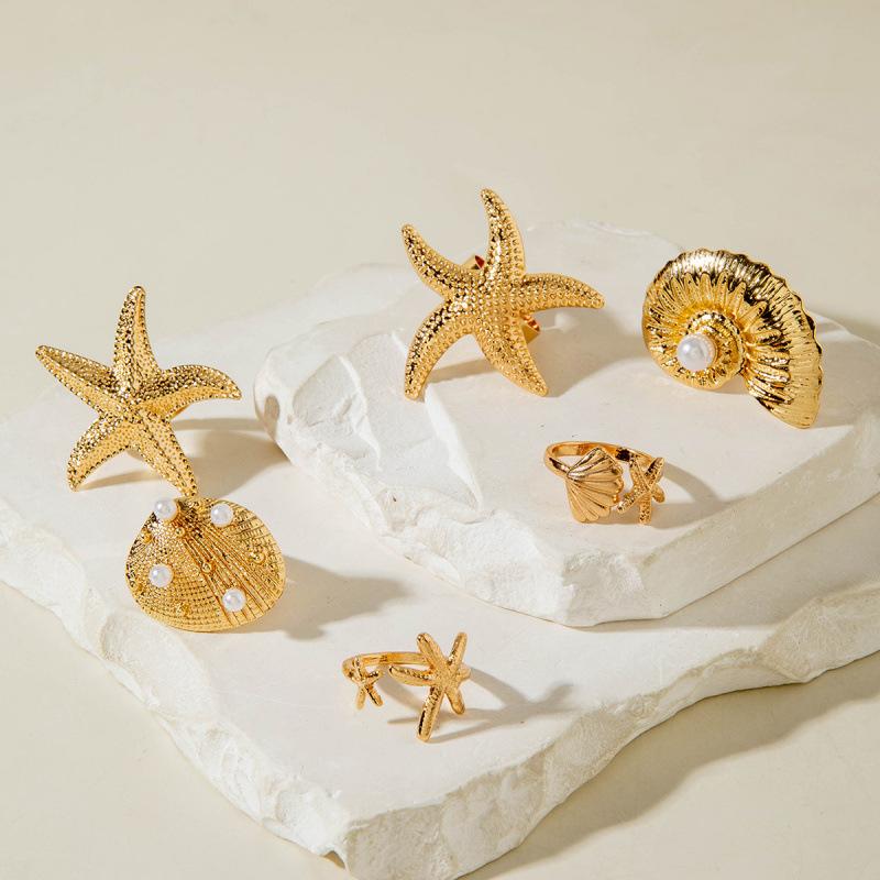 Accessories, Holiday Style Starfish Pearl Ring Set Open Scallop Metal Ring Ring Women