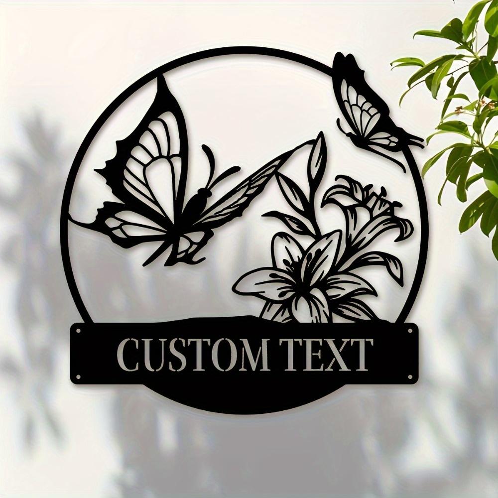 Metal Wall Art Butterfly Lily Design Custom Name Family Sign Contemporary Home Decor Wall Mounted