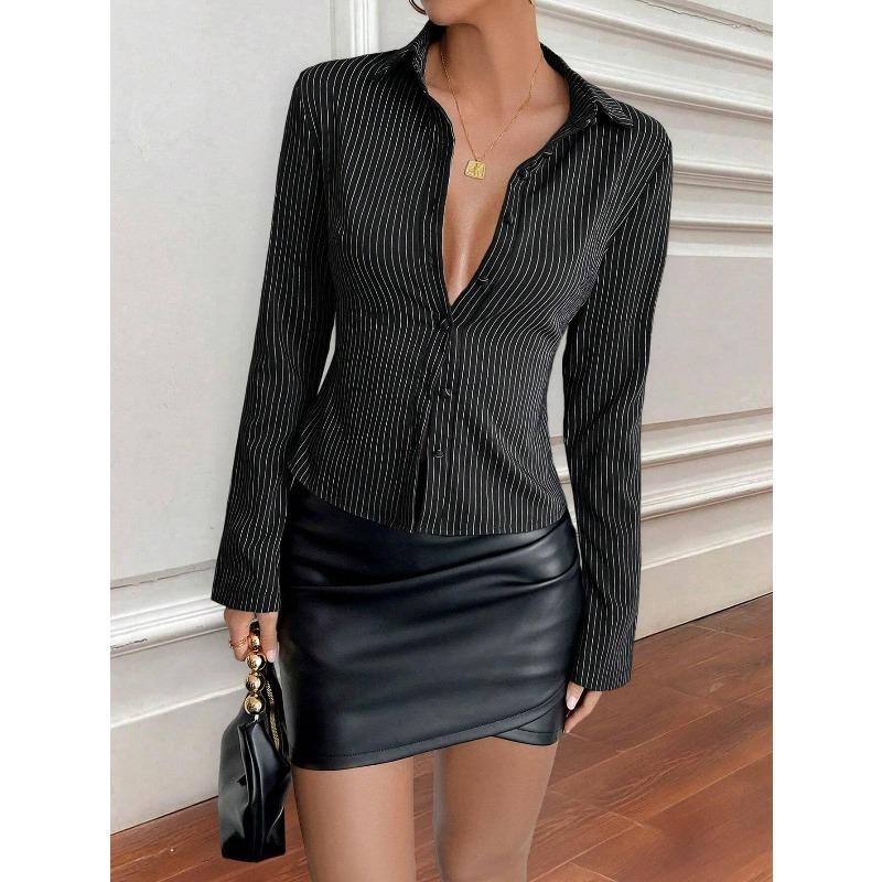 Women's Blue White Striped Button Down Shirt Long Sleeve Bell Sleeve Crop Top Casual Blouse