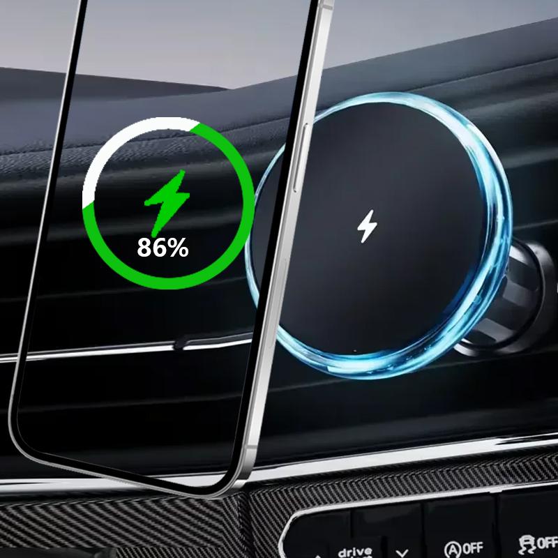 Magnetic Car Phone Holder Rotatable Wireless Charger Type C LED Light for iPhone 16 15 14 13 12 Pro Max Fast Charging Station