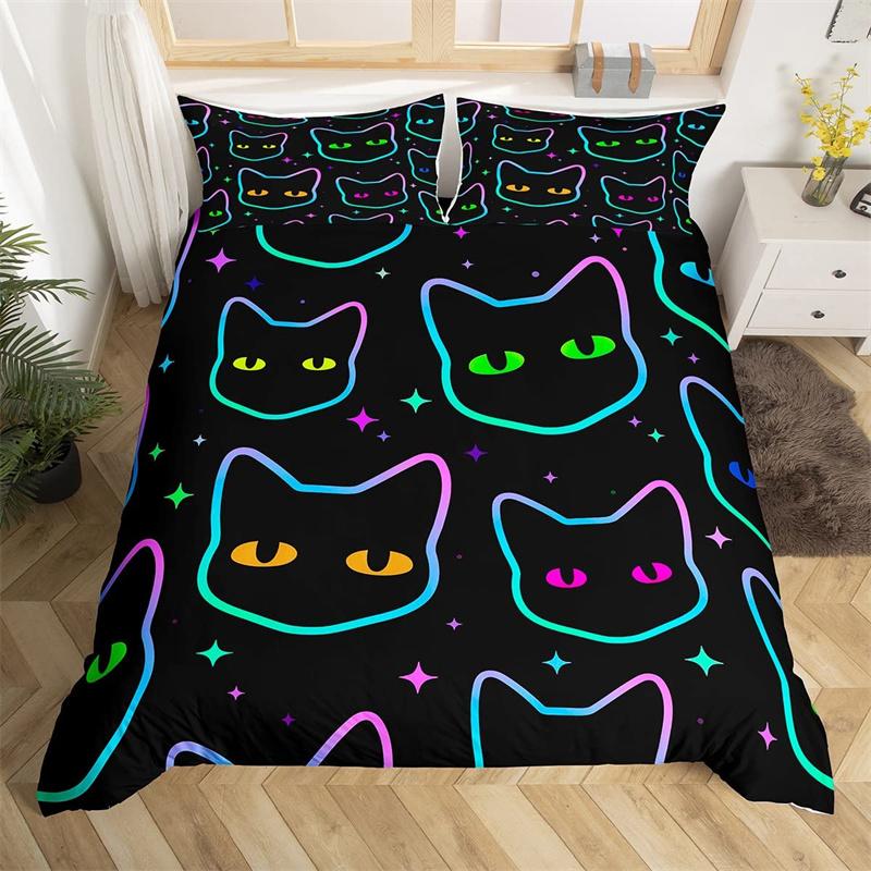 Boho Colorful Cat Duvet Cover Set Cats Star Mushroom Bedding Set Microfiber 3D Kawaii Animals Comforter Cover Twin For Kids Boys