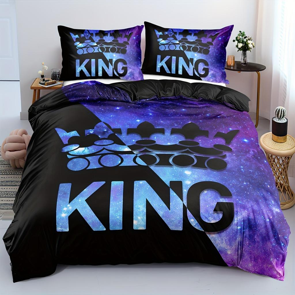 Königskrone Bettbezug King Size Grau Schwarzer Hintergrund Kronenprint Bettdeckenbezug Set 3 Teile Für Mädchen Jungen Teenager Schlafzimmer Dekoration