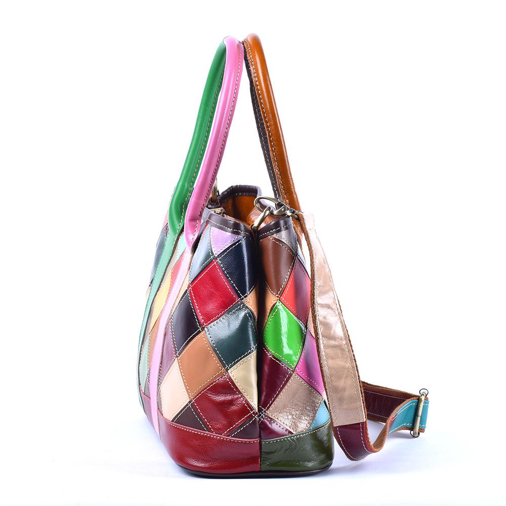 Leather Tote Bag First Layer Cowhide Checkered Splicing Women'S Bag Contrasting Bag Women'S Fashion Handbag Shoulder Messenger Bag